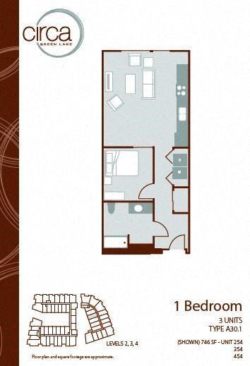 Floor plan for 1 bed, 1 bath, 748 sqft